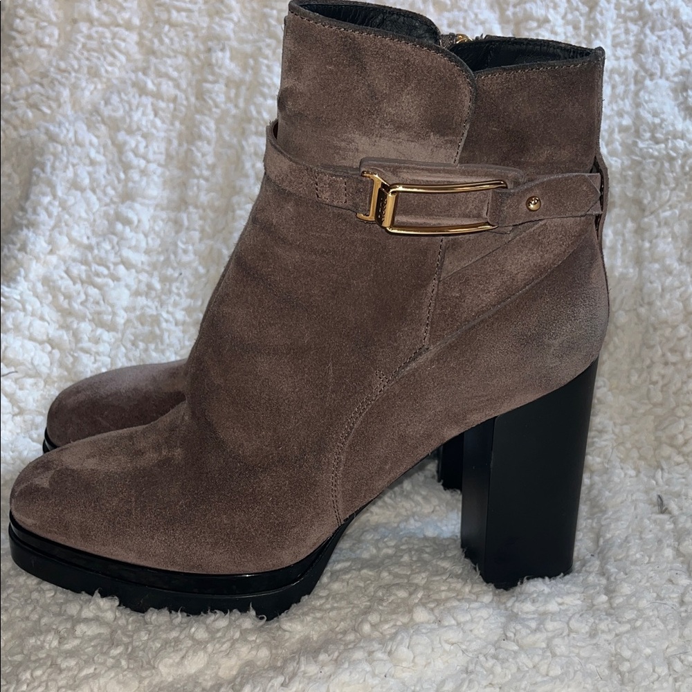 Tod's Taupe Suede Heeled Boots with Buckle